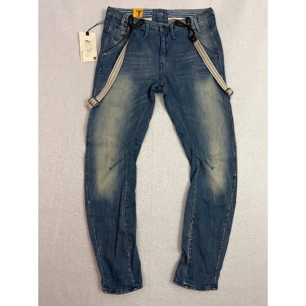 G-Star RAW Arc Navy 3D Tapered Braces Jeans Womens 27x32 Medium Aged Denim NWT
